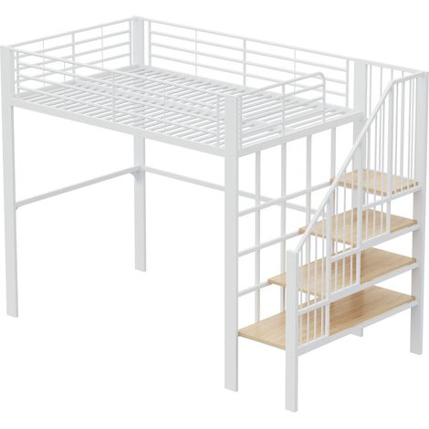 Letto a soppalco 140 x 200 in metallo bianco con scala e spazio contenitore sotto il letto (1/5)