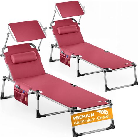 CASARIA® Malta Folding Aluminium Garden Sun Lounger with Canopy Shade 210cm 180kg Capacity Beach Patio Recliner Leisure Sunbed With Plastic Feet & Textile Cover 2x Red