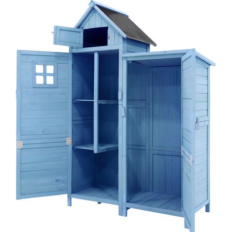 Abri de jardin, remise à outils, armoire de rangement, L x P : 118 x 54 cm, 110 x 52 x 170 cm (L x P x H), résistant aux intempéries, bois, bleu, toit en PVC (Ensemble, 1 pièce, 1 x abri à outils) (1/5)