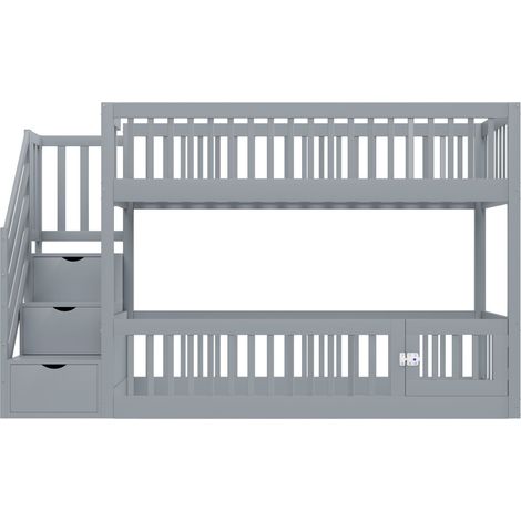 Lit superposé 90x200 pour enfant avec escalier de sécurité et tiroirs, lit simple en bois gris avec rangement pour enfants et adolescents (1/5)