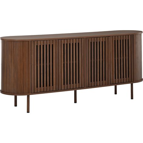 Sideboard 160x40x70 cm aus MDF in Nussbaumoptik, 4 perforierte Schiebetüren, Metallbeine (1/5)