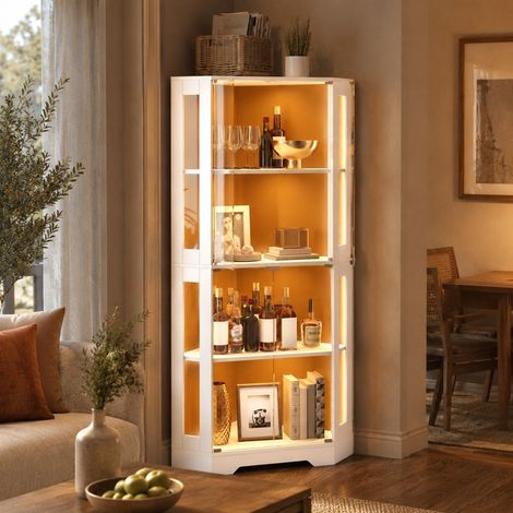 Hoher Küchenschrank mit LED, Vitrine 165 cm, MDF und Glas, Weiß, 60 x 60 cm (1/5)