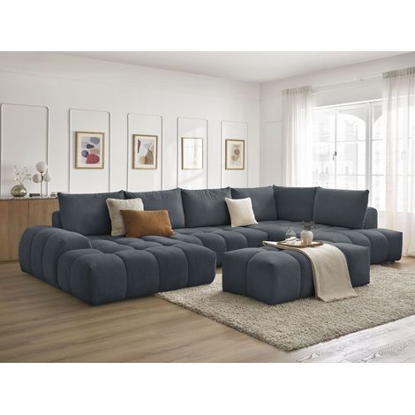 BOBOCHIC - Canapé panoramique convertible coffre EVEREST tissu texturé avec pouf Angle gauche Bleu foncé (1/5)