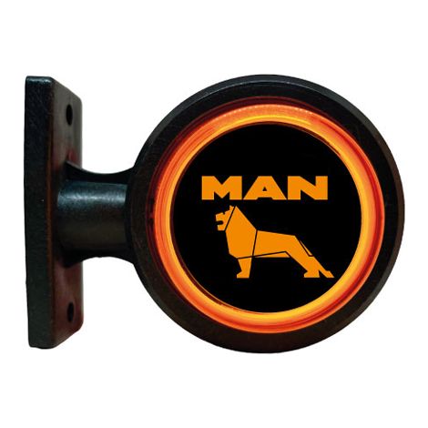 1 pièce LED — feu de gabarit latéral en forme de corne 12–24 V orange-rouge, style «old school», effet néon avec logo MN