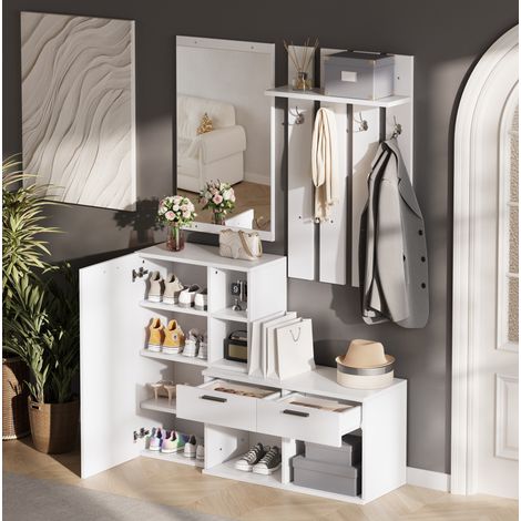 Recibidor con espejo, zapatero y 2 cajones, MDF blanco, 120 x 35 x 175,5 cm (1/5)