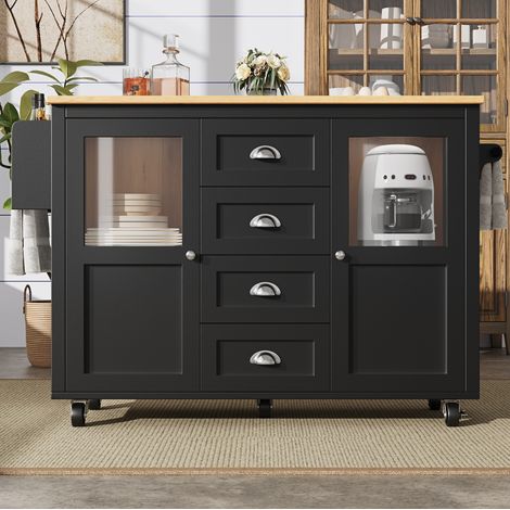 Meuble de cuisine avec roulettes, plateau rabattable, 4 tiroirs, noir, 137,9 cm HAVRYA (1/5)