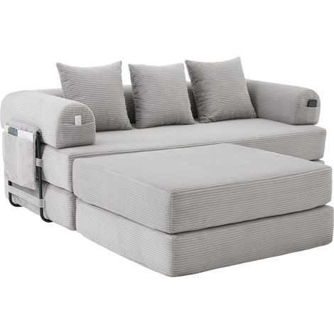 Modulares Ecksofa aus Cord mit Hocker, 3 Kissen und Seitentasche, Hellgrau