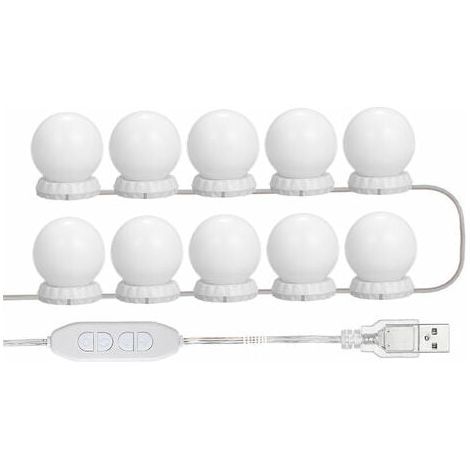 Espejo de maquillaje con iluminación LED, 10 bombillas regulables, con puerto USB, 10 niveles de brillo, 3 modos de color, para luces de maquillaje (espejo no incluido).