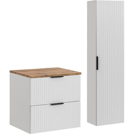 Conjunto de baño NOXERA 60 cm – Mueble suspendido blanco alpino con encimera para lavabo roble wotan y columna de pared
