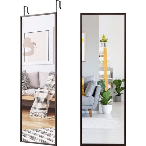 COSTWAY Wandspiegel mit höhenverstellbaren Hängehaken, Türspiegel Hängespiegel Ganzkörperspiegel, 107x36,5cm Braun (1/5)