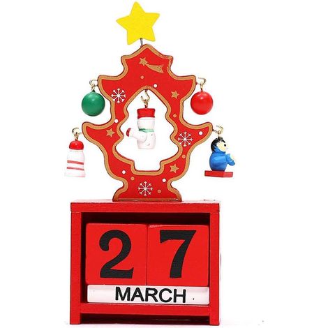 Calendrier Perpétuel de Noël en Bois Cubes Design Arbre de Noël - Décoration Bureau Maison Rustique (Rouge) (1/5)