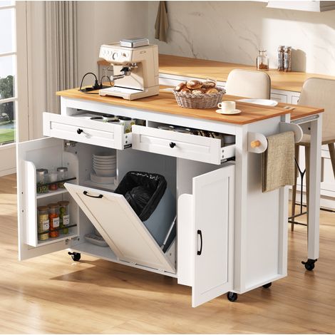 Îlot de cuisine sur roulettes avec plan de travail extensible, MDF, blanc, REDOM (1/5)