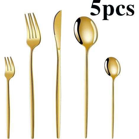Ensemble de couverts en acier inoxydable doré (5 pièces), luxueux couverts portugais dorés, parfaits pour les réunions de famille pendant les fêtes. (1/4)