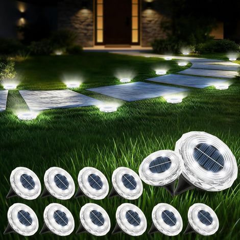 Lot de 12 lampes solaires de jardin améliorées, marche/arrêt automatique pour allée, allée, terrasse (blanc froid) [Classe énergétique C] (1/5)