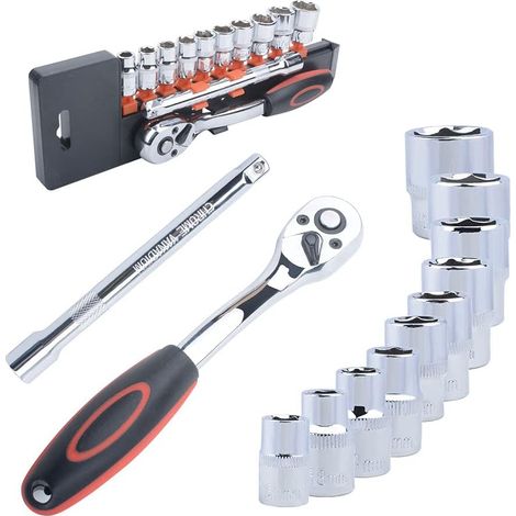 Sollbry Juego de 12 llaves de tubo con trinquete de 3/8", insertos hexagonales de 8 mm a 19 mm y extensión de trinquete reversible de Cr-V de 200 mm con gatillo pulsador. (1/5)