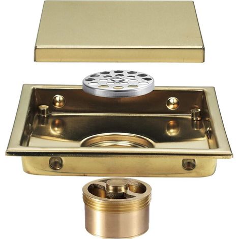 Bonde de douche carrée en acier inoxydable 15 x 15 cm avec couvercle. noyau désodorisant en laiton. finition or brossé (1/5)