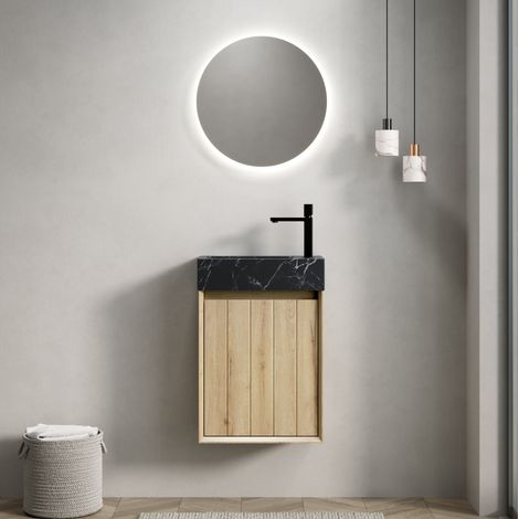 Mueble lavamanos de mármol y contrachapado blanco roble y negro, con 1 puerta, premontado (1/5)