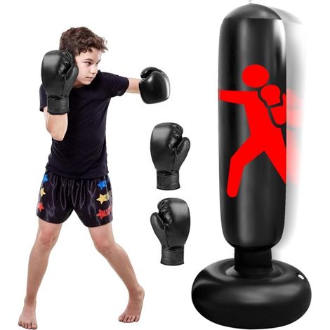 Children's punching bag, 160 cm, with boxing gloves, inflatable, freestanding, for boys and girls aged 3 to 12 years, indoor/outdoor boxing kit, karate, taekwondo and fitness