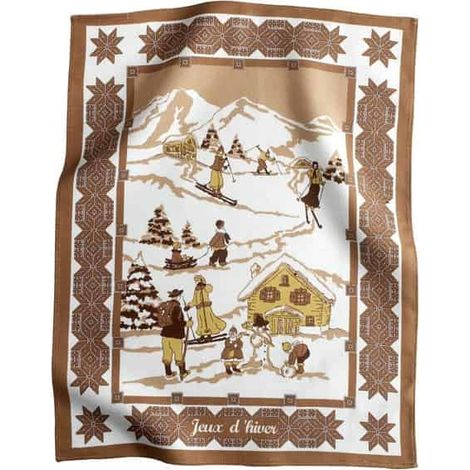 Torchon de cuisine « Jeux d'Hiver » – Esprit Montagne – Rouge ou Marron – 100 % Coton - 50x70cm - Marron clair