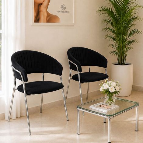 Sedie da pranzo set da 2 Aurelia in velluto nero con gambe in ferro cromato (1/5)