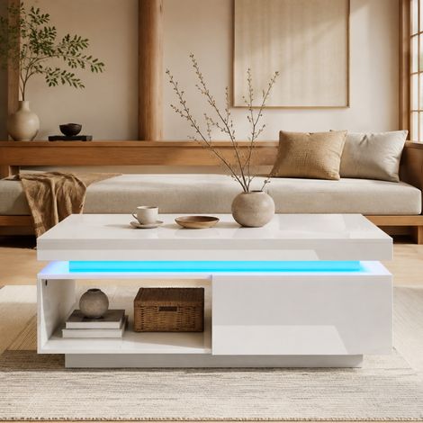 Tavolino da caffè LED lucido 100 x 50 x 40,3 cm con cassetto, bianco DESVIAE (1/5)