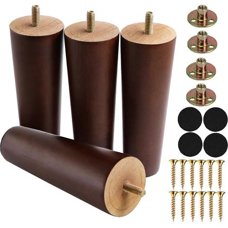 Ensemble de pieds de meubles en bois massif de 6 pouces (4 pieds de canapé coniques bruns avec boulons de suspension de 5/16 pouces, compatibles avec les canapés, les armoires et les poufs) (1/5)