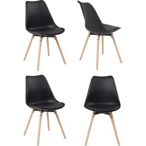 Ensemble de 4 chaises de cuisine au design scandinave, assise en plastique souple noir avec coussin en similicuir noir, pieds en hêtre rembourrés de mousse, coloris Light MIA (noir). (1/5)