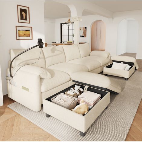 Sofá modular de 6 plazas 273,5 x 133 x 81 cm en chenilla beige con 2 pufs con almacenaje y carga USB/Type-C (1/5)