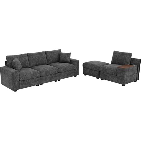 Canapé d'angle modulable 5 places en chenille grise avec ottoman, rangements et ports USB/Type-C (1/5)