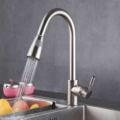 Robinet Cuisine, Mitigeur Cuisine Rotatif à 360°avec Douchette Extensible, 2 Modes de Pulvérisation Robinet d'Évier en Acier Inoxydable, Eau Chaude et Froide Réglable, Argent