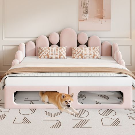 Canapé-lit 2 en 1 180×200 cm avec couchage pour animaux, rembourré velours doux, sommier à lattes et dossier, rose (1/4)