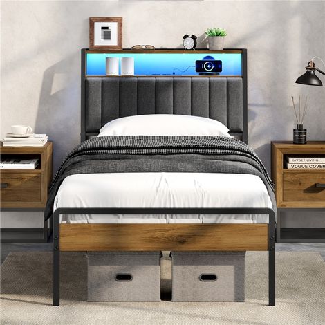 Yaheetech Letto Imbottita con LED e Stazione di Ricarica (90 x 200 cm)  Letti Matrimoniale con Spazio Sottoletto Letto Matrimoniali con Contenitore a 2 Ripiani Moderni (1/5)