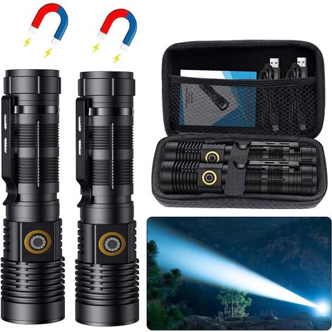 Lampe torche tactique rechargeable haute luminosité – Lampe torche magnétique USB zoomable 5 modes, petit projecteur à long faisceau pour randonnée et camping (1/5)