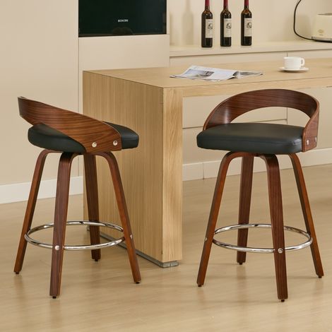 Lot de 2 Tabouret de Bar Pivotant Bois, Chaise Haute Cuisine avec Dossier Bas, Siège Rembourré Tissu Confortable - Noir