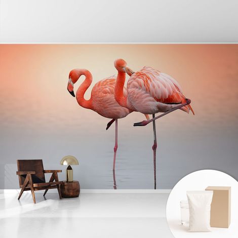 Papier peint intissé classique moderne pour salon et chambre à coucher Décoration rapide avec colle Flamants roses délicats 416x254 cm (1/5)