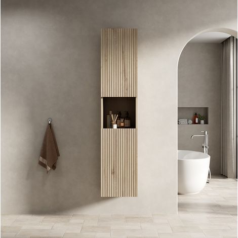 Mobile da bagno alto 160 cm con 2 ante e vano aperto, rovere bianco, OKMYHOME (1/5)