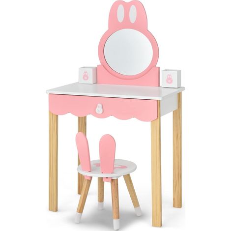 COSTWAY Toeletta per Bambini - Sedia, Specchio, Cassetti e Scatole, Tavolo da Trucco per Bambini in Legno, Stile coniglio cartoon, Bianco (1/5)