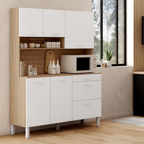 Aparador de cocina CINA 140 cm con 5 puertas + 3 cajones, acabado haya y blanco (1/5)