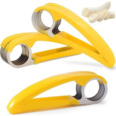 Trancheuse à bananes en acier inoxydable, trancheuse portable multifonctionnelle en 3 pièces avec 6 lames pour saucisses, kiwis, concombres et bananes.