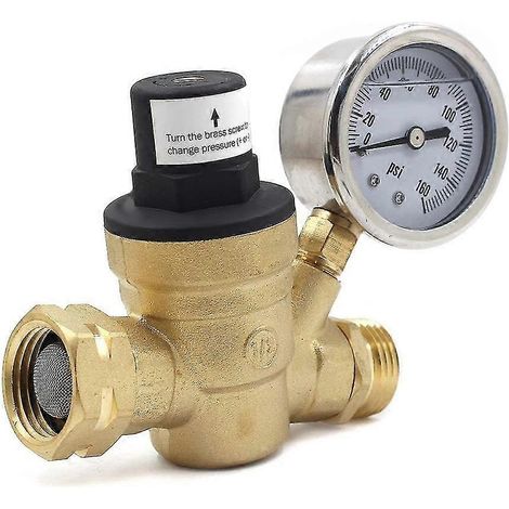 Regulador de presión de agua ajustable para vehículos recreativos, reductor de presión de agua de latón con manómetro y entrada con filtro. (1/5)