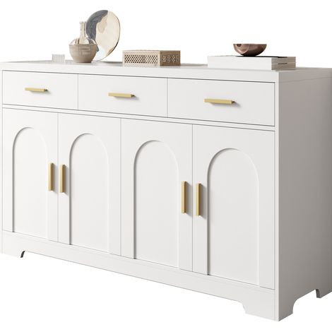 Buffet de Rangement avec 4 Portes à Relief Arqué, 3 Tiroirs, Étagères Réglables, en MDF Blanc, 140 x 40 x 83 cm (1/5)