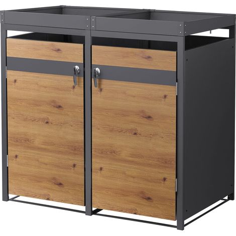 ML-Design Mülltonnenbox 2er 240L mit Pflanzdach, Mülltonnenverkleidung für 2 Mülltonnen, Müllbox wetterfest Mülltonnenhaus aus Stahl, Müllcontainer, abschließbare Tür 132x80x124 cm Anthrazit-Holzoptik