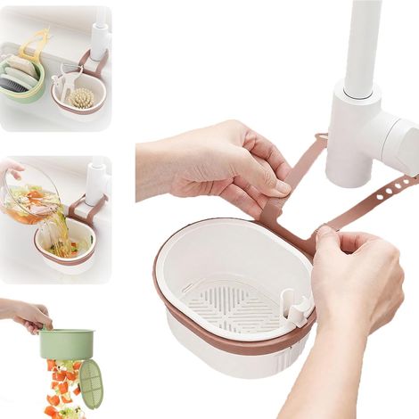 Colador y cesta de desagüe para grifo de fregadero de montaje en pared - Recolector de basura de esquina - Estante de almacenamiento para frutas, verduras y artículos esenciales de fregadero - Accesor (1/4)