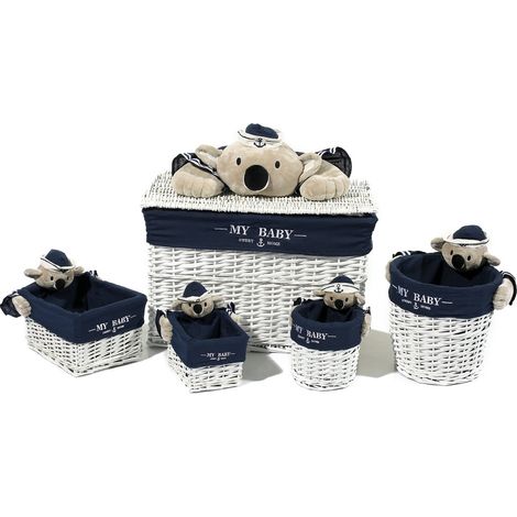 Set 5 cesti in vimini bianco Koala con baule, tema koala blu marino (1/3)