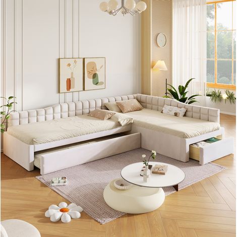 L-förmiges Polsterbett 90x200 mit Ausziehbett, Schubladen und beigem Samtbezug (1/5)