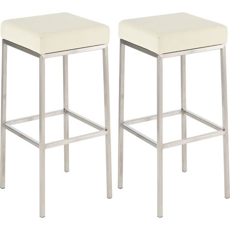 Set di 2 sgabelli da bar con poggiapiedi, design semplice, altezza 85 cm, in PVC crema e acciaio inox 100004374