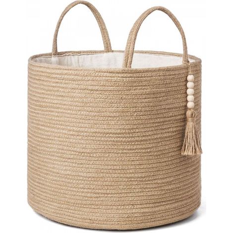 Panier de rangement tressé, jaune chanvre, 1 pièce, 282828cm, décoré de corde naturelle, pour le salon et la décoration intérieure. (1/5)
