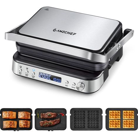 AMZCHEF 2000W Griglia Elettrica 4-in-1 – Piastra Panini, Piastra Waffle e Sandwich Maker con Piastre Intercambiabili Antiaderenti, Temperatura 80-230°C, Timer e Apertura 180° (1/5)