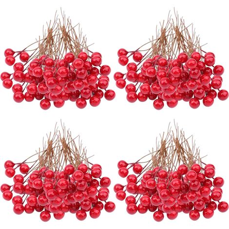 Bayas rojas artificiales, 210 piezas de 10 mm con tallo de alambre para decoración de árboles/coronas navideñas, decoración navideña para cajas de regalo/manualidades. (1/4)