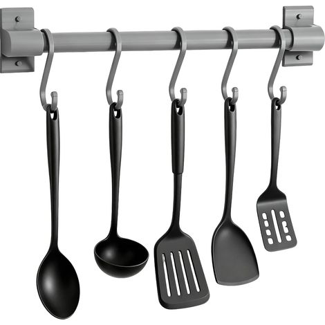 Soporte para utensilios de cocina, estante de pared con 5 ganchos, barra para colgar sin necesidad de taladrar, ideal para cocina y baño, para cucharas, sartenes, ollas y accesorios (gris). (1/5)